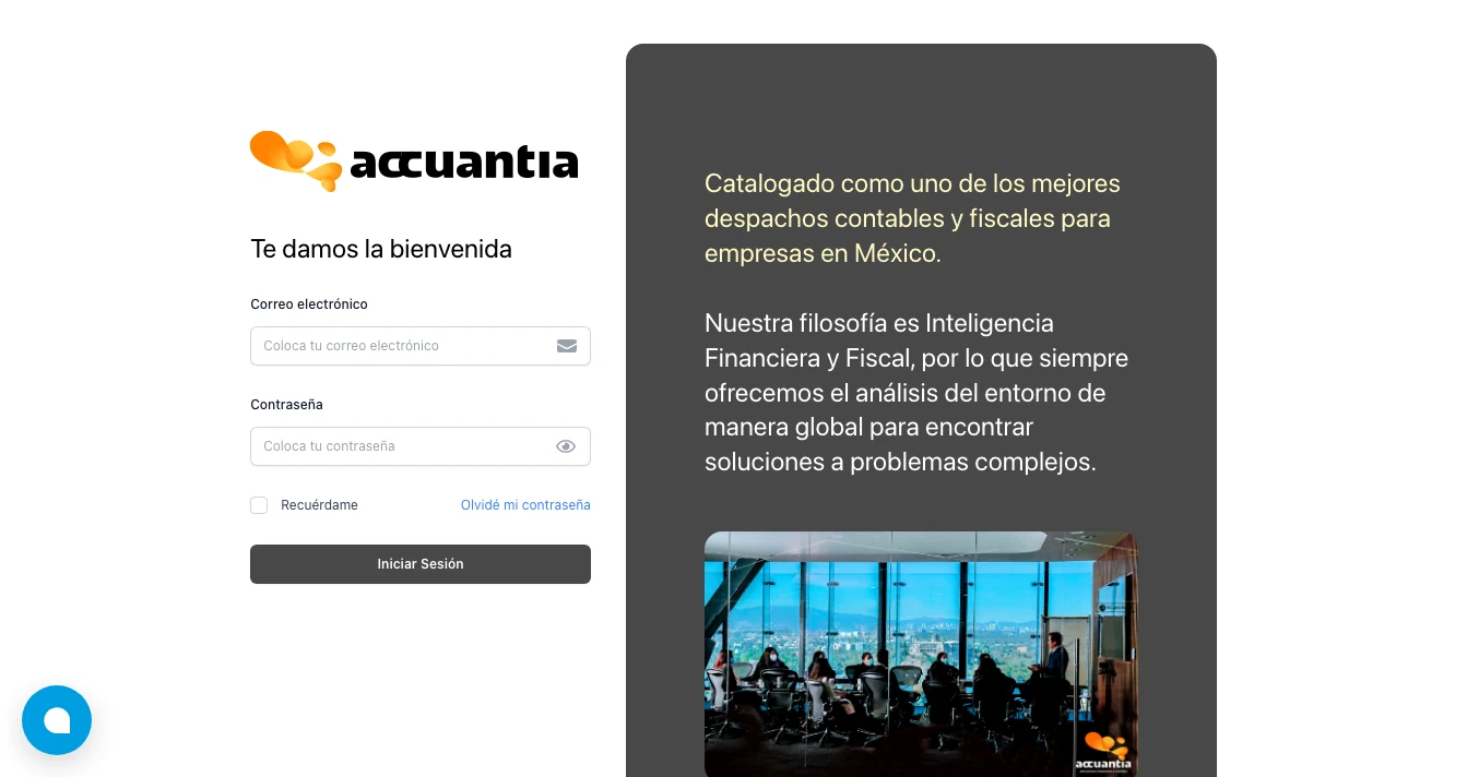 Pantalla de inicio de sesión de la plataforma de Accuantia