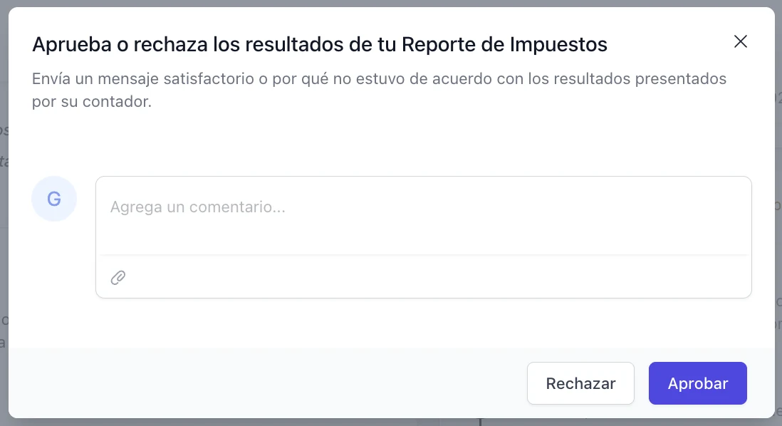 Ventana para aprobar o rechazar el reporte de impuestos