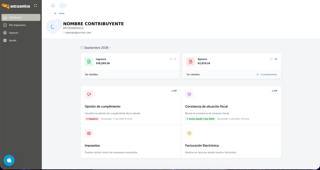 Pantalla de inicio con tarjetas de ingresos, egresos, opinión de cumplimiento, constancia, impuestos y facturación