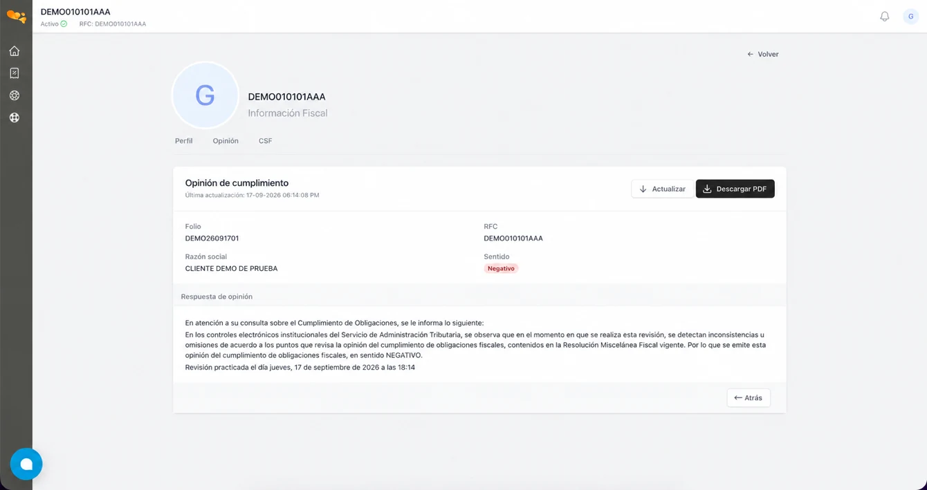Pantalla de opinión de cumplimiento